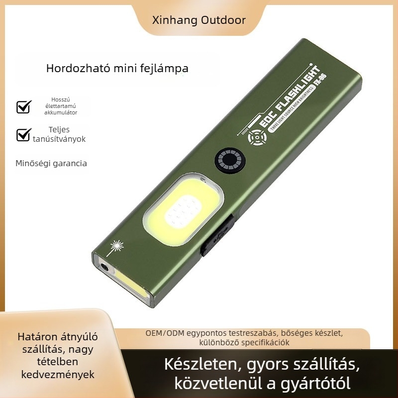 LED mini zseblámpa kézi töltéssel, alumínium ötvözet test, 450 mAh-s akkumulátor, mágneses munkafény, lézer mutató