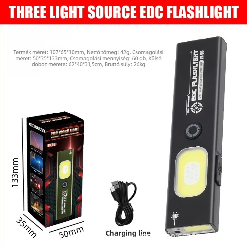 LED mini zseblámpa kézi töltéssel, alumínium ötvözet test, 450 mAh-s akkumulátor, mágneses munkafény, lézer mutató