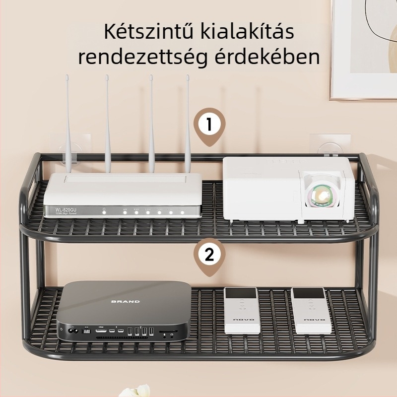 Fali multifunkcionális polc TV-boxhoz, projektorhoz és routerhez – vasból, 2 szint, modern minimalista stílus