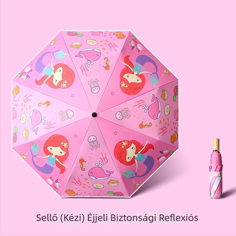 Gyerekeknek szólótri-fold esernyő cartoon dizájnnal, automata nyitás, 8 acél borda, 190T anyag