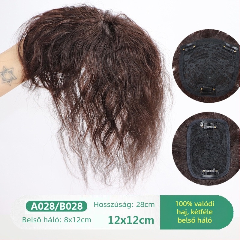 Valódi emberi hajból készült topper paróka, rövid göndör stílus, modell A028/B028, fedés ősz hajra, feldolgozási technológia: mechanizmus, egyenes vagy ferde frufru