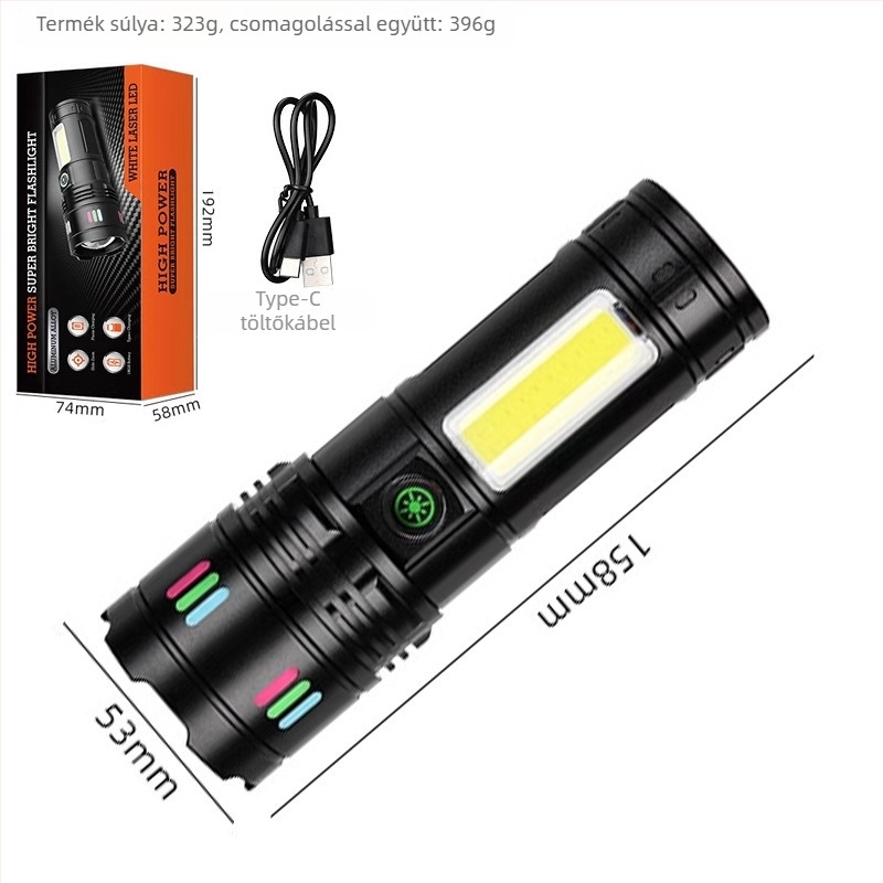 Zseblámpa lézerrel és COB LED-del, USB töltés, digitális kijelző, kültéri használatra (50 W; 6000 mAh; hatótáv >500 m; vízálló)