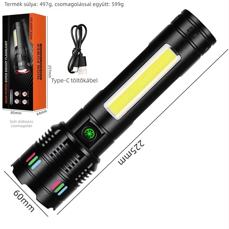 Zseblámpa lézerrel és COB LED-del, USB töltés, digitális kijelző, kültéri használatra (50 W; 6000 mAh; hatótáv >500 m; vízálló)