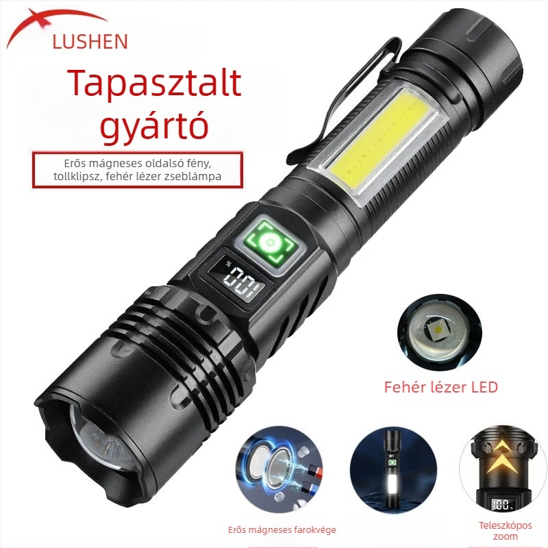 LED fejlámpa COB oldalsó világítással, mágneses tollklipsz, LCD kijelző, 20W, 1200mAh újratölthető, fehér lézerfény