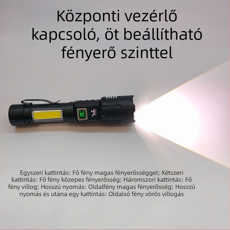 LED fejlámpa COB oldalsó világítással, mágneses tollklipsz, LCD kijelző, 20W, 1200mAh újratölthető, fehér lézerfény
