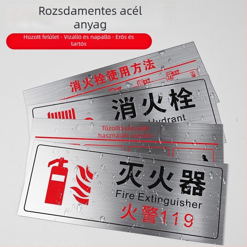 Rozsdamentes acél tűzoltó készülék és hydrant használati jel – UV nyomtatás, bevásárlóközpontok, szállodák és irodák számára