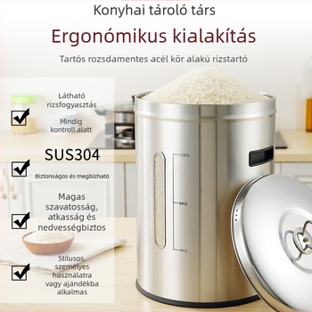 Fém rizstároló tartály zárható, nedvesség- és kártevőálló kialakítással; kapacitás 4 liter alatt