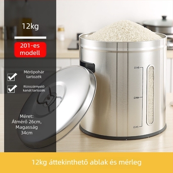 Fém rizstároló tartály zárható, nedvesség- és kártevőálló kialakítással; kapacitás 4 liter alatt