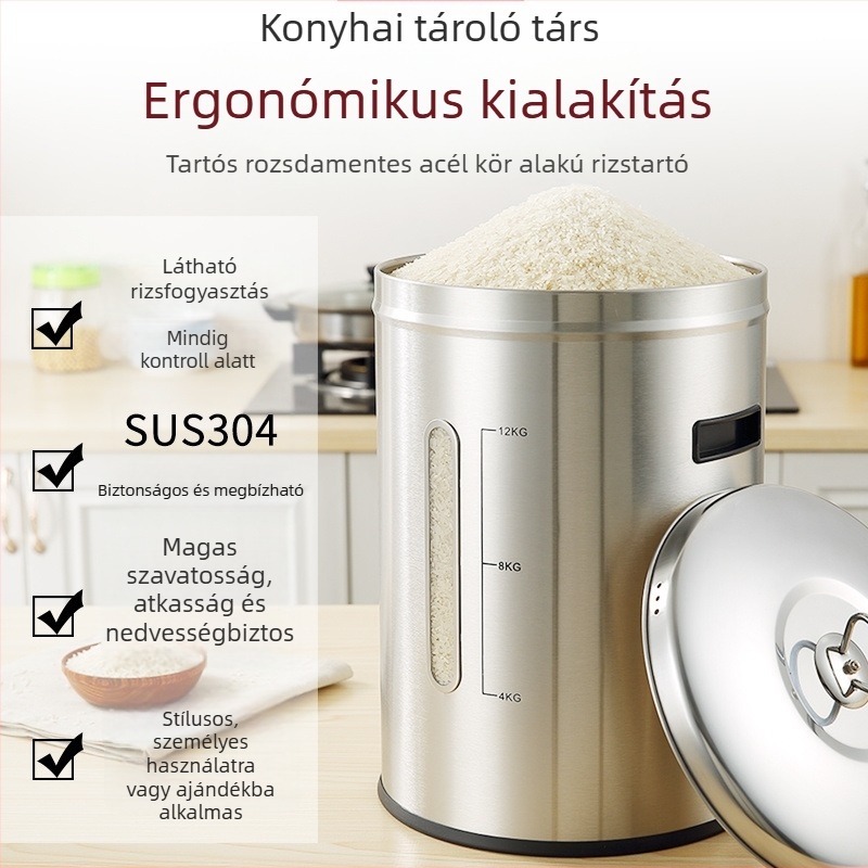 Fém rizstároló tartály zárható, nedvesség- és kártevőálló kialakítással; kapacitás 4 liter alatt