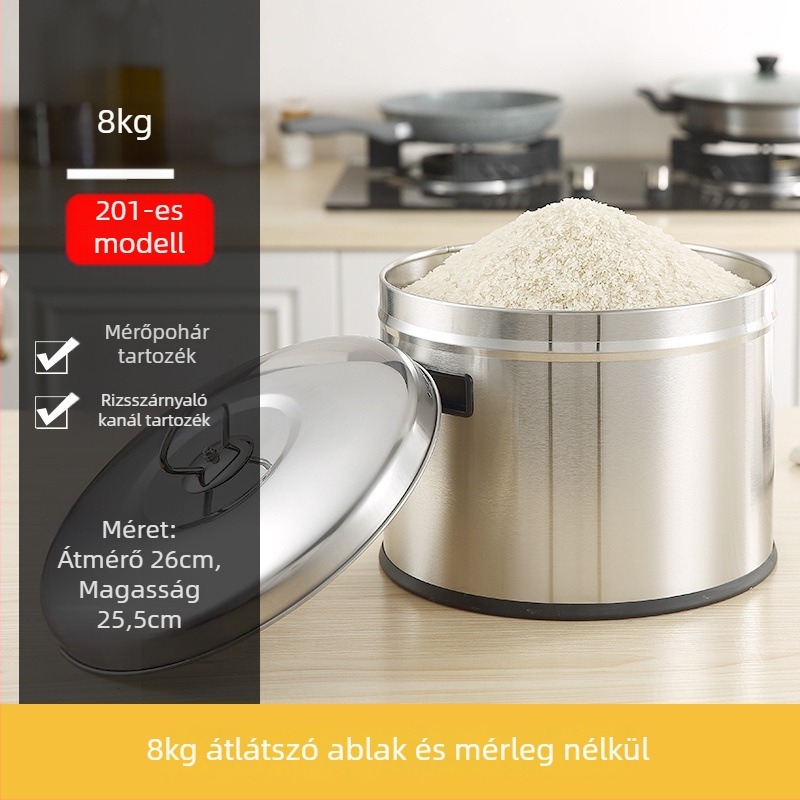 Fém rizstároló tartály zárható, nedvesség- és kártevőálló kialakítással; kapacitás 4 liter alatt