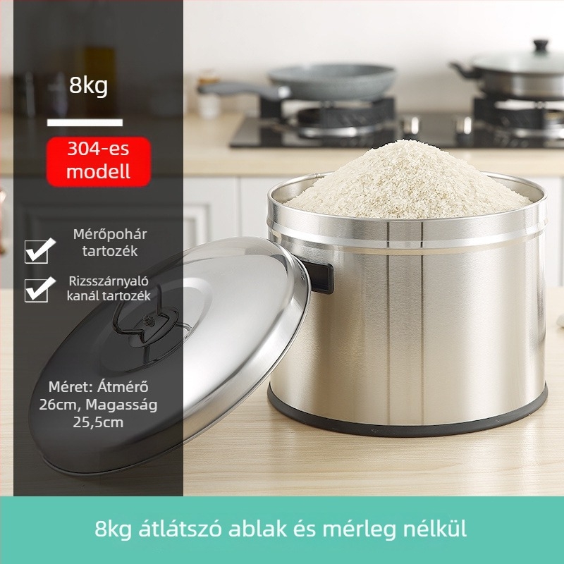 Fém rizstároló tartály zárható, nedvesség- és kártevőálló kialakítással; kapacitás 4 liter alatt