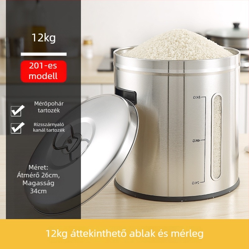 Fém rizstároló tartály zárható, nedvesség- és kártevőálló kialakítással; kapacitás 4 liter alatt