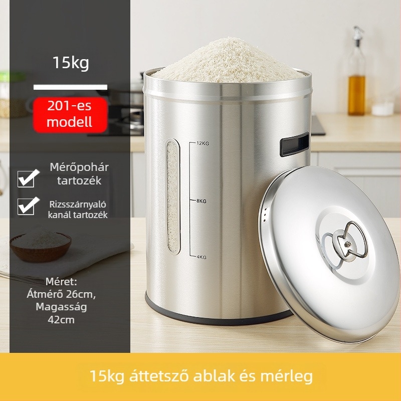 Fém rizstároló tartály zárható, nedvesség- és kártevőálló kialakítással; kapacitás 4 liter alatt