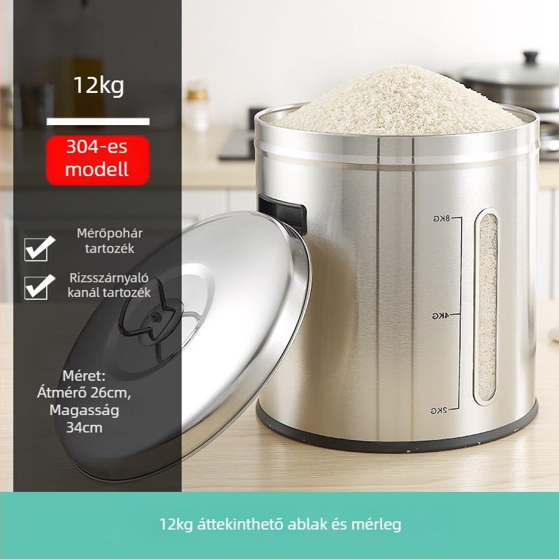 Fém rizstároló tartály zárható, nedvesség- és kártevőálló kialakítással; kapacitás 4 liter alatt