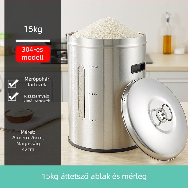 Fém rizstároló tartály zárható, nedvesség- és kártevőálló kialakítással; kapacitás 4 liter alatt