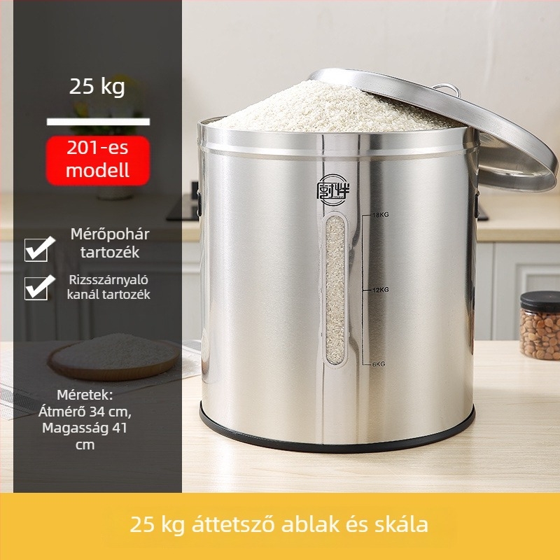 Fém rizstároló tartály zárható, nedvesség- és kártevőálló kialakítással; kapacitás 4 liter alatt