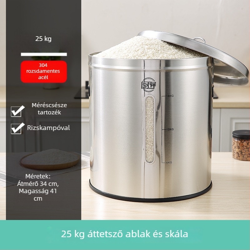 Fém rizstároló tartály zárható, nedvesség- és kártevőálló kialakítással; kapacitás 4 liter alatt