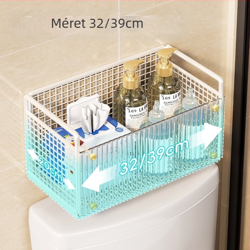 WC fölötti falra szerelhető polc papírzsebkendő és nedves törlőkendő tárolására – függő, vas és akril anyagból, 1 réteg, modern minimalista stílus