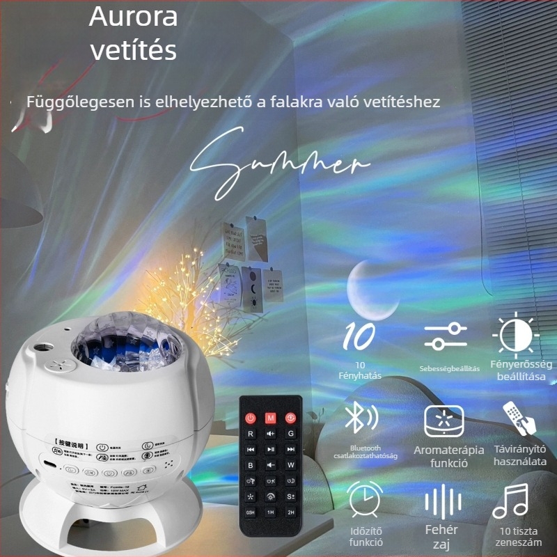 Északi fény vetítő lámpa, csillagos ég, dinamikus víz-hullám-hatással, hold és csillagok, Bluetooth hangszóró, éjszakai fény romantikus alváshoz