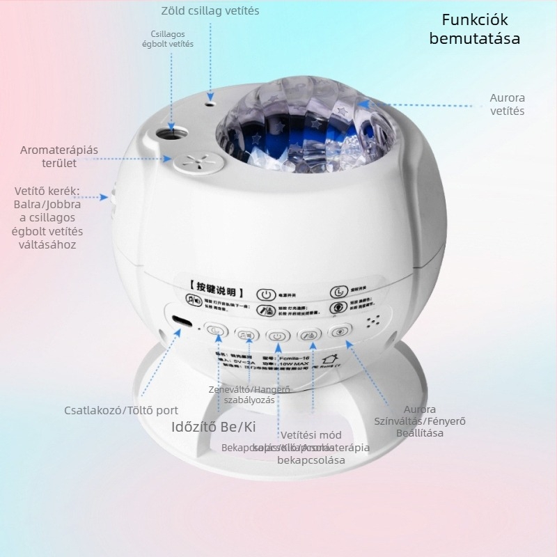 Északi fény vetítő lámpa, csillagos ég, dinamikus víz-hullám-hatással, hold és csillagok, Bluetooth hangszóró, éjszakai fény romantikus alváshoz