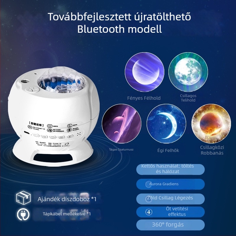 Északi fény vetítő lámpa, csillagos ég, dinamikus víz-hullám-hatással, hold és csillagok, Bluetooth hangszóró, éjszakai fény romantikus alváshoz
