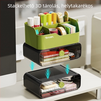 Asztali kozmetikum-tároló doboz, fiók-típusú, több rekesz, PET/PS/PP műanyag, 12L kapacitás, modell 1009