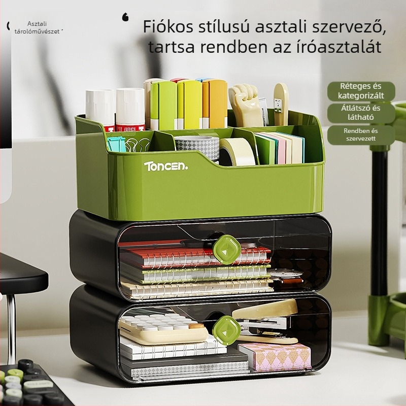 Asztali kozmetikum-tároló doboz, fiók-típusú, több rekesz, PET/PS/PP műanyag, 12L kapacitás, modell 1009