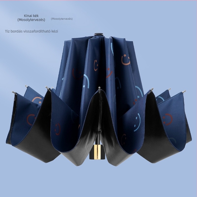 Eső- és napellenző esernyő, 10 merevkar, háromrészes összecsukható dizájn, kézi nyitás, acél váz és rúd, műanyag fogantyú, 190T anyagú vászon vinil bevonattal, UPF >50