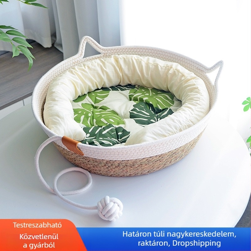 Rattan macskaodú kaparódeszkával – minden évszakra alkalmas, kötött macskafészek és alvópárna