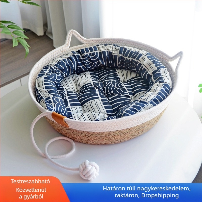 Rattan macskaodú kaparódeszkával – minden évszakra alkalmas, kötött macskafészek és alvópárna