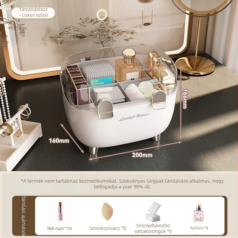 Rúzs tároló doboz fedéllel, porvédett asztali kozmetikai rendező, műanyag, megfizethető lux stílus, szitanyom logó, testre szabható