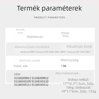 CZPINCHEN Snap-on hátsó visszapillantó tükör BMW 5-ös sorozat E39-hez, modellek 51168209811/51168209812, üvegből készült tükör