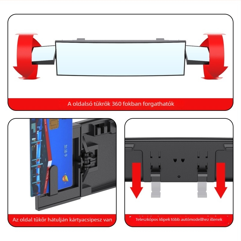 Shun Wei Hárompanellás széles látómező visszapillantó tükör, állítható szög, üvegszférikus tükör, kompatibilis a legtöbb autómodellhez