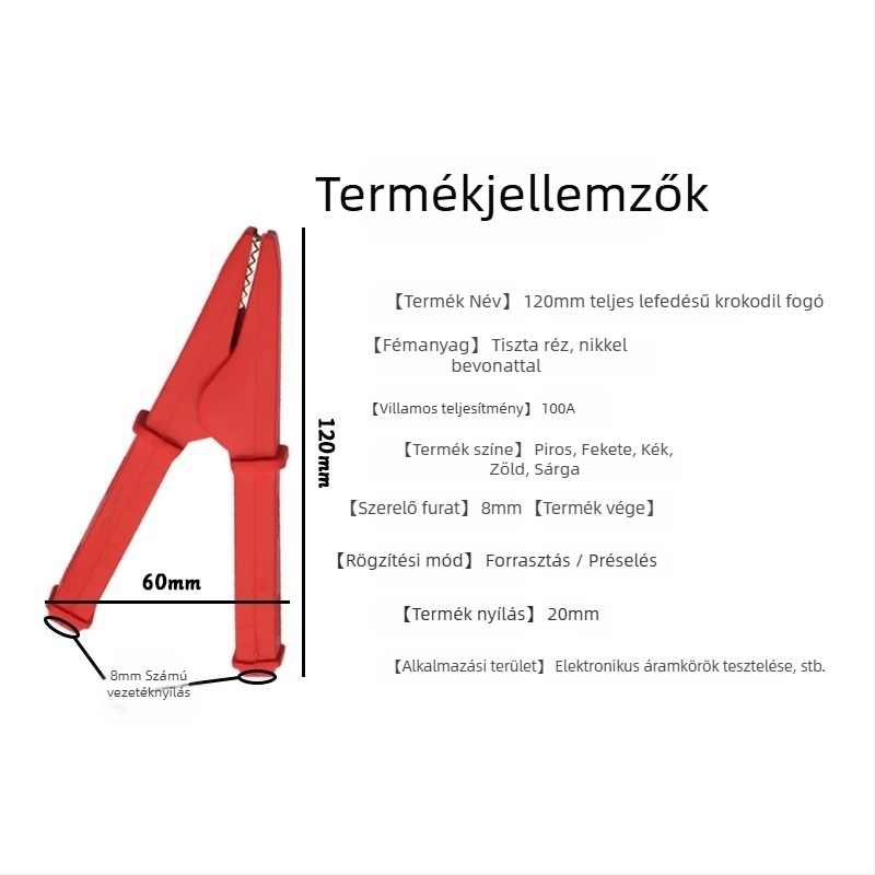 Nagyáramú réz földelő csipesz, 100A, teljes szigetelés, vastag kivitel