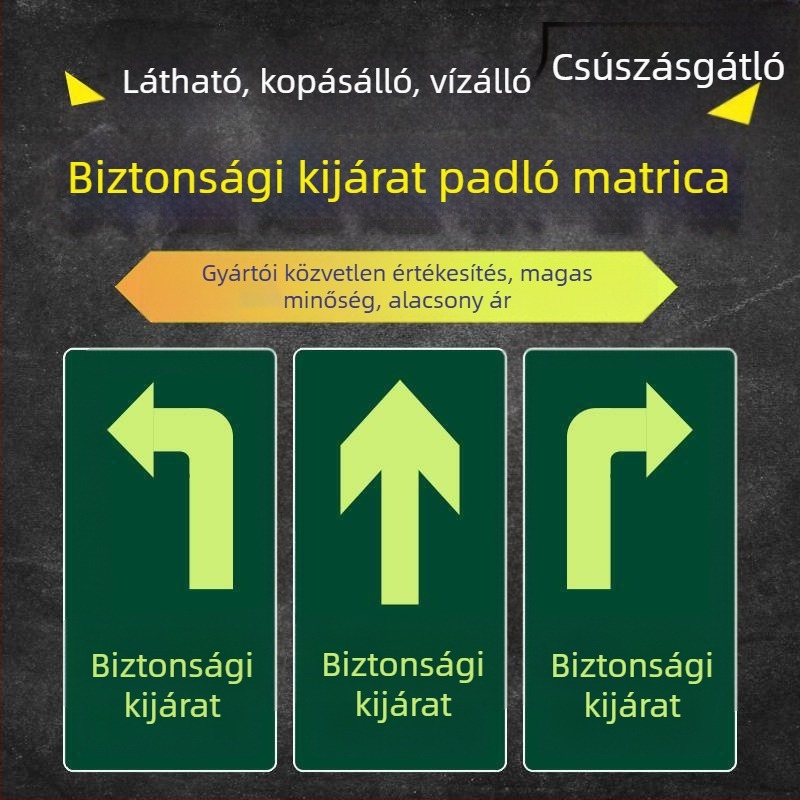 Fluoreszcens padlóbiztonsági jel a tűzvédelmi útvonalhoz, vészkiárat bevásárlóközpontban