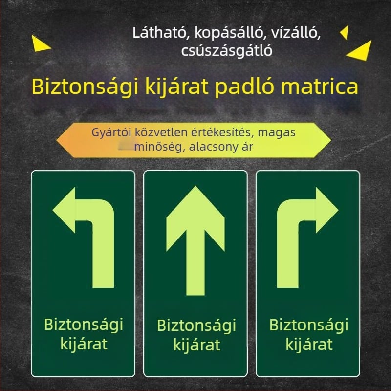 Fluoreszcens padlóbiztonsági jel a tűzvédelmi útvonalhoz, vészkiárat bevásárlóközpontban