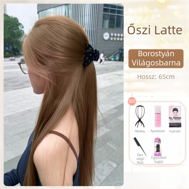 Női paróka – hosszú egyenes haj oldalsó elválasztással, természetes stílus, anyag: protein-selyem, márka: Sassy