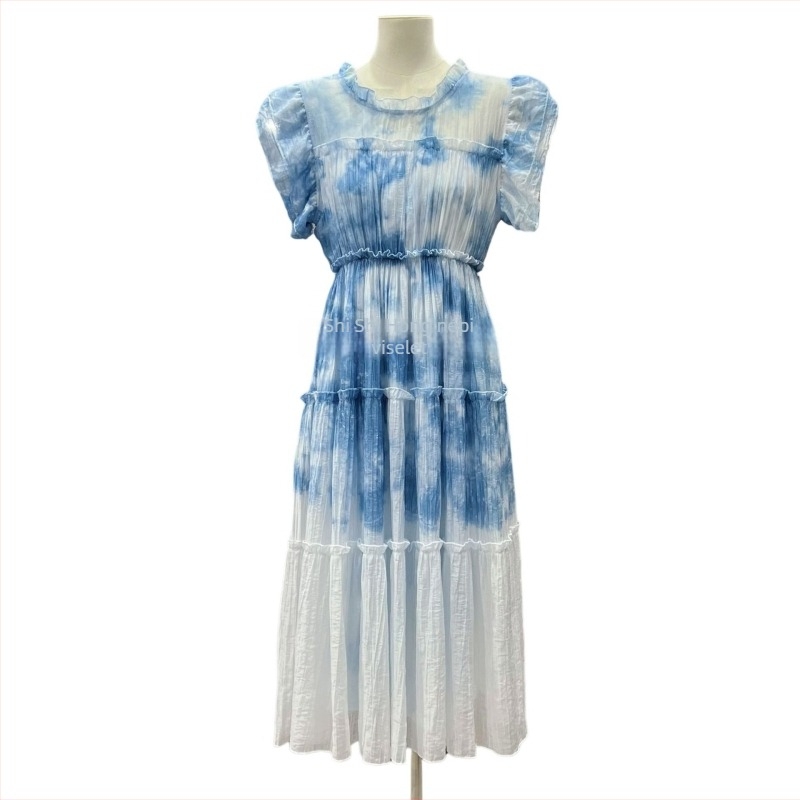 A-vonalú ruha tie-dye virágmintával, lebegő ujjak, elasztikus derékkal, középhosszú