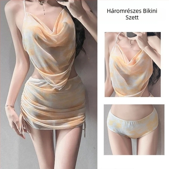 Női háromrészes bikini, tie-dye mintás, poliészter gyorsan száradó anyag, melltartó betétekkel, acélmerevítés nélkül