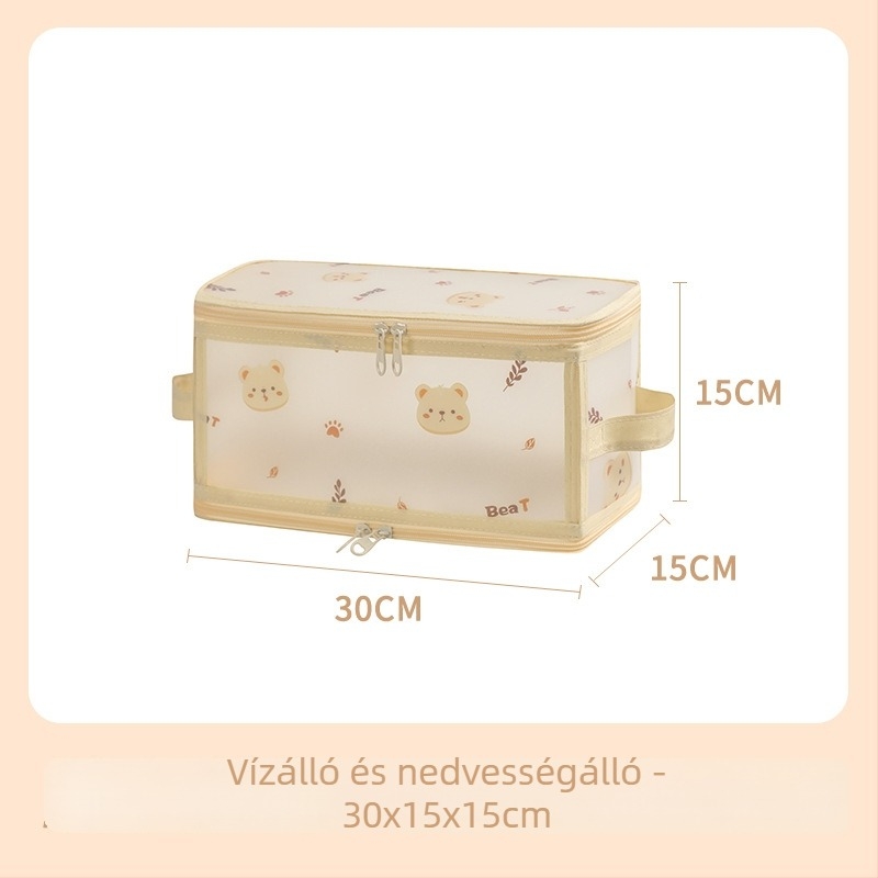 PP vízálló tároló doboz, átlátszó, cipzárral, rajzfilm medve minta, összecsukható, 30–40 L kapacitás