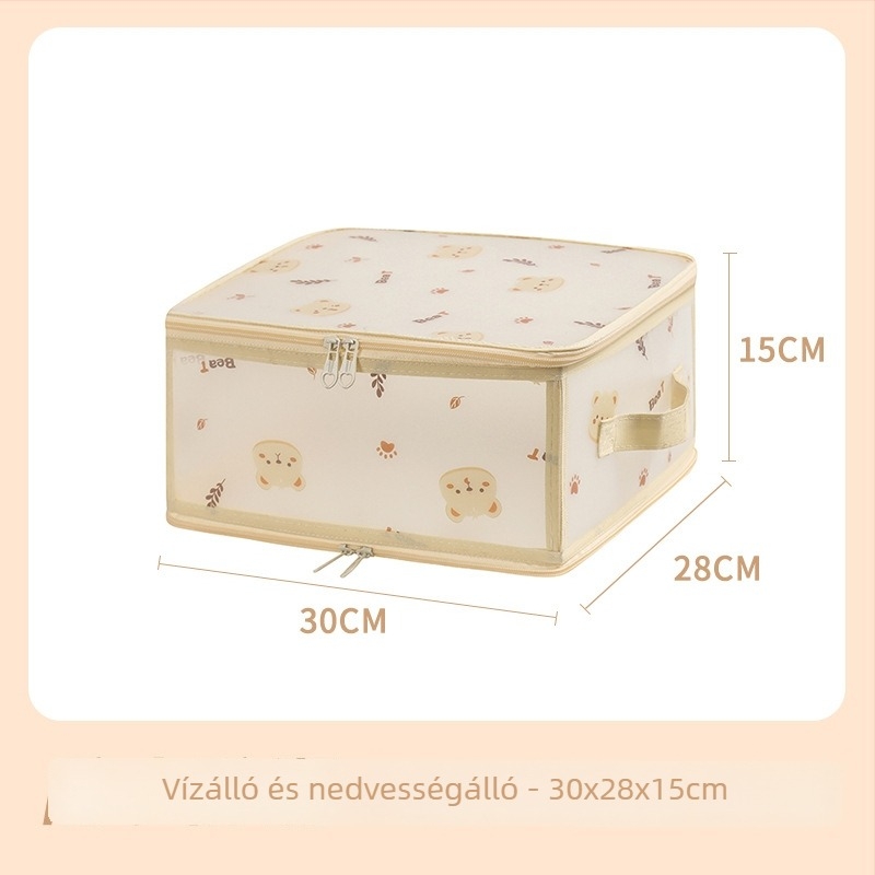 PP vízálló tároló doboz, átlátszó, cipzárral, rajzfilm medve minta, összecsukható, 30–40 L kapacitás