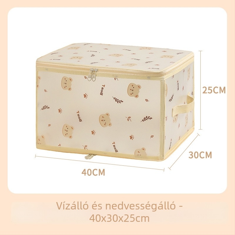 PP vízálló tároló doboz, átlátszó, cipzárral, rajzfilm medve minta, összecsukható, 30–40 L kapacitás