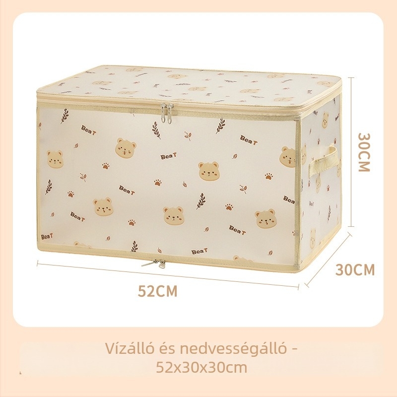 PP vízálló tároló doboz, átlátszó, cipzárral, rajzfilm medve minta, összecsukható, 30–40 L kapacitás