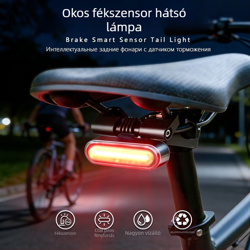 Kerékpár hátsó lámpa intelligens fékezés-érzékelővel, 800 mAh, USB-C töltés, szíjhoz rögzítés (DW-36, Coolwal)