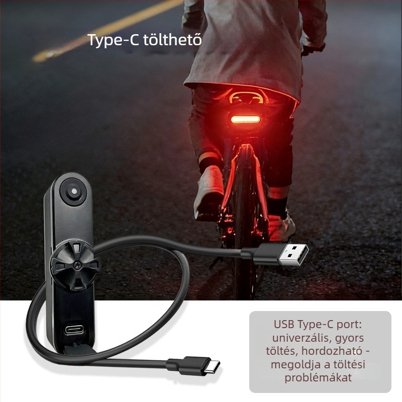 Kerékpár hátsó lámpa intelligens fékezés-érzékelővel, 800 mAh, USB-C töltés, szíjhoz rögzítés (DW-36, Coolwal)
