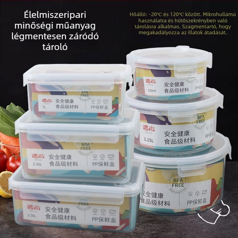PP-plasztik ebédes doboz, négyszögletes forma, mikrohullámú sütőben használható, egy rétegű, frissen tartja az ételt