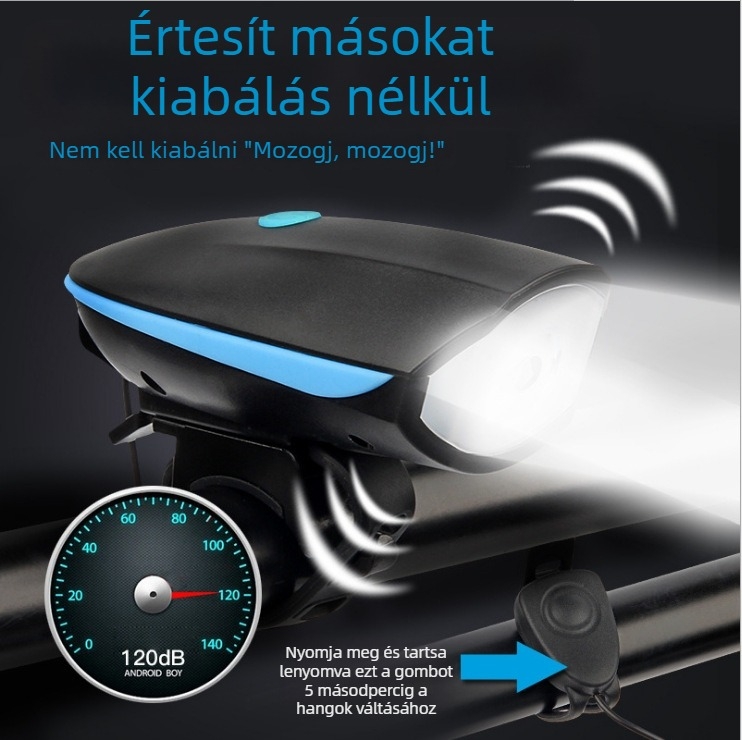 USB újratölthető kerékpár első fényszóró kürttel hegyi kerékpárokhoz, testreszabható beállítások