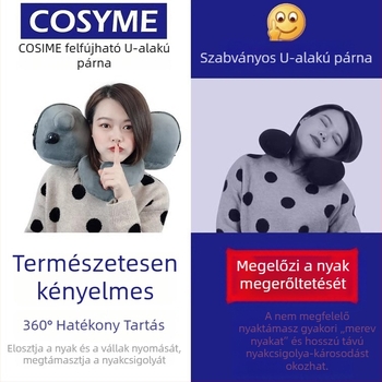 Cosyme felfújható U-alakú nyakpárna, nyomásra felfújható, hordozható összecsukható utazási párna repülőútra