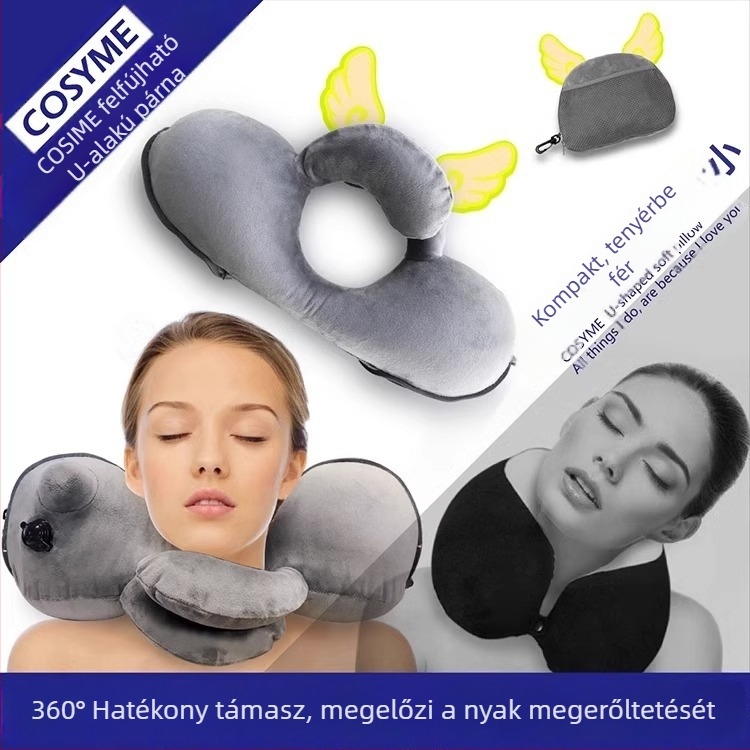 Cosyme felfújható U-alakú nyakpárna, nyomásra felfújható, hordozható összecsukható utazási párna repülőútra
