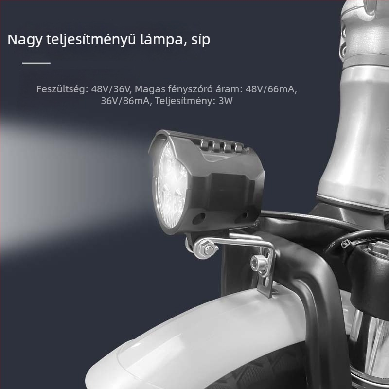 LED első lámpa elektromos kerékpárhoz éjszakai vezetéshez, vízálló, nagy fényerő, kürttel, 48V/36V